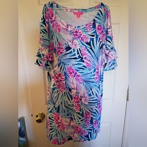 Lilly Pulitzer Blue and Pink Floral Ruffle Sleeve DressXL EUC No FadingOrPilling